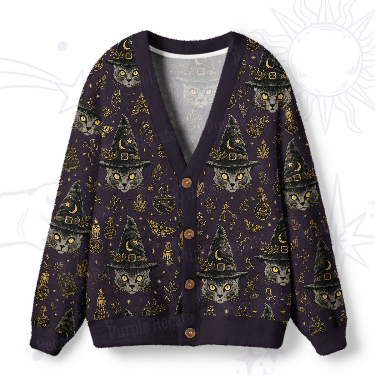Purplehecate Witchy Grey Cat Print Halloween Ugly Cardigan Sweaters