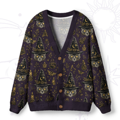 Purplehecate Witchy Grey Cat Print Halloween Ugly Cardigan Sweaters