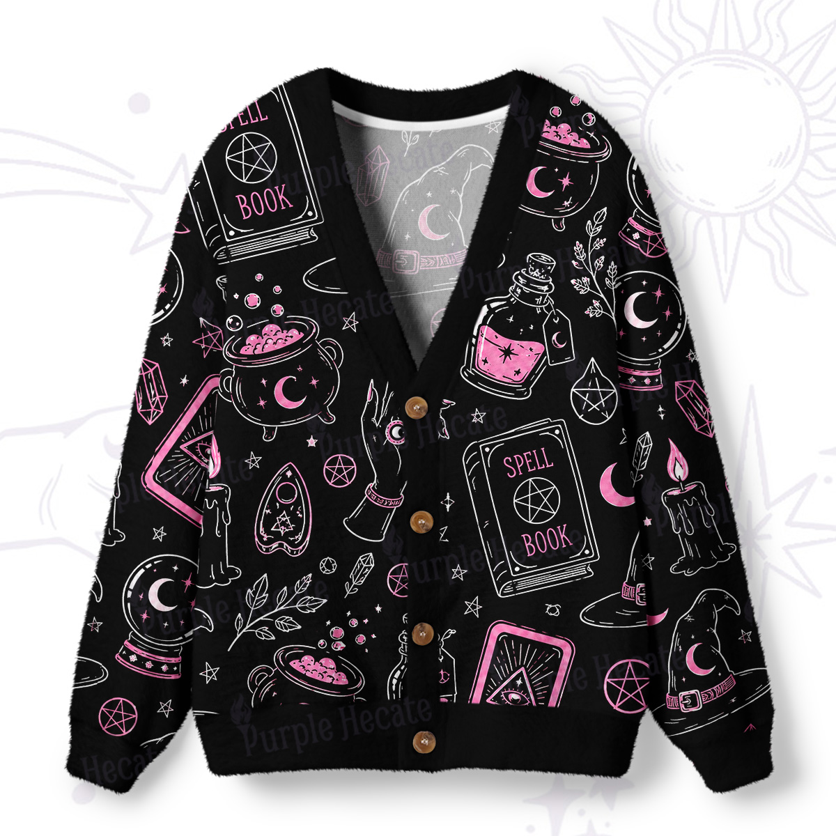 Purplehecate Witchcraft Spell Book and Potion Bottle Ugly Cardigan Sweaters