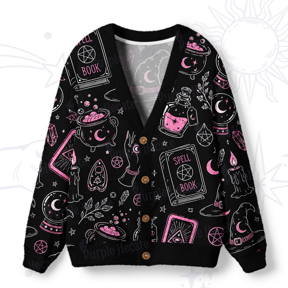 Purplehecate Witchcraft Spell Book and Potion Bottle Ugly Cardigan Sweaters
