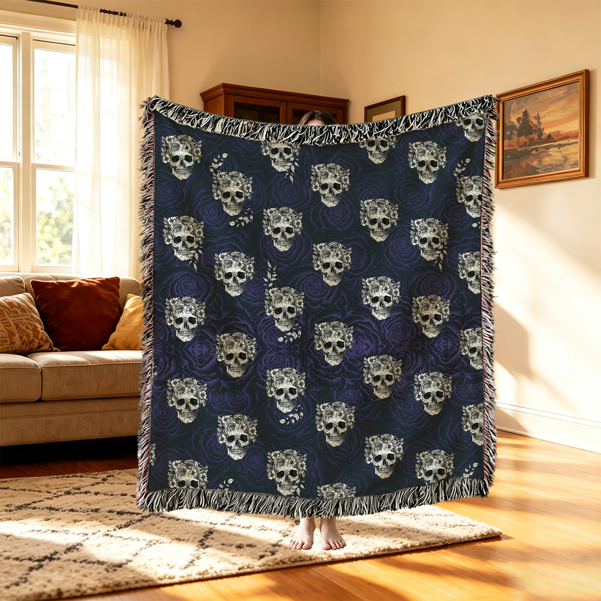 Purplehecate Rose Skull Woven Tapestry Blanket