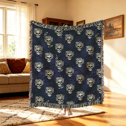 Purplehecate Rose Skull Woven Tapestry Blanket