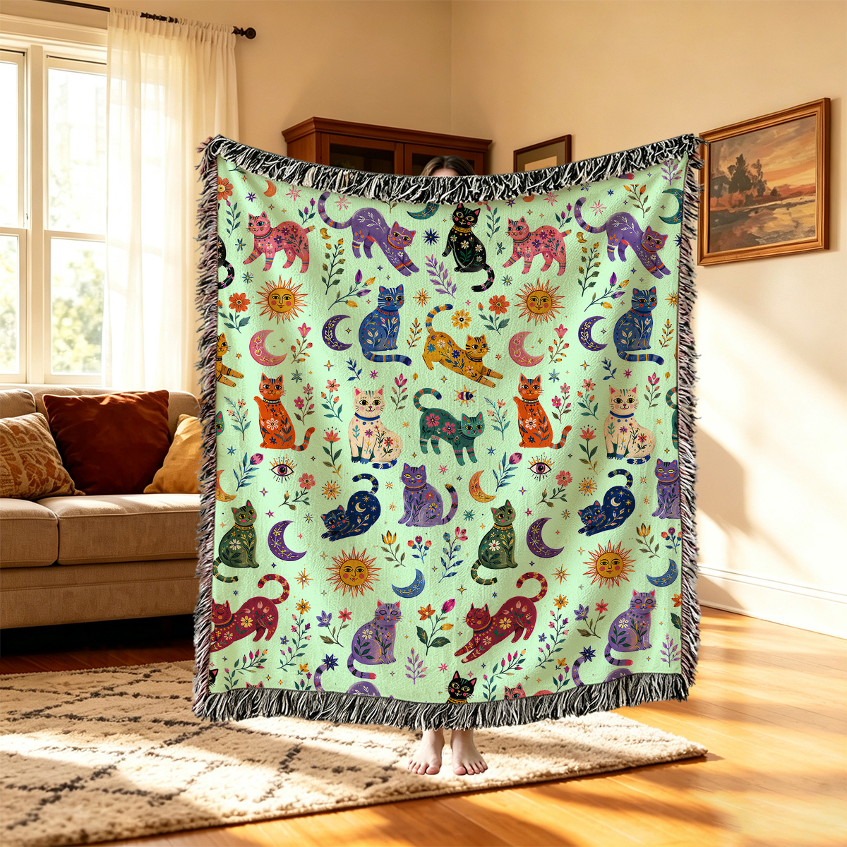 Purplehecate Rainbow Magic Cats Woven Tapestry Blanket