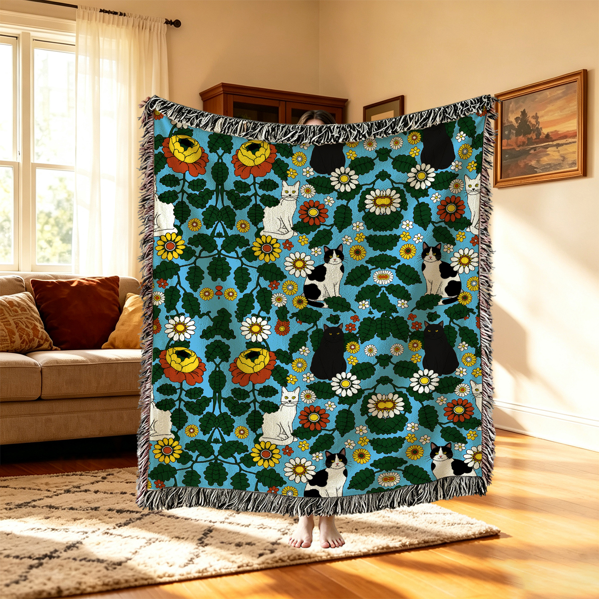 Purplehecate Daisy Cat  Garden Woven Tapestry Blanket