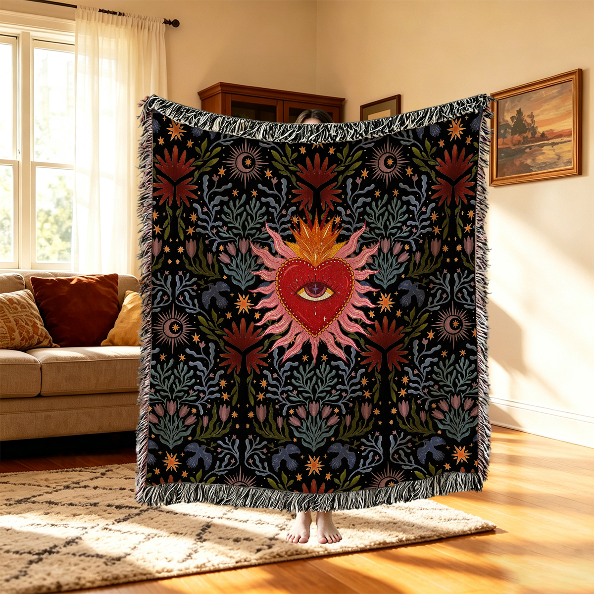 Purplehecate Sacred Flame Heart Woven Tapestry Blanket