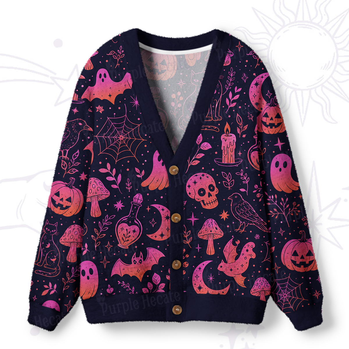 ]Purplehecate Spooky Night Doodles Halloween Ugly Cardigan Sweaters