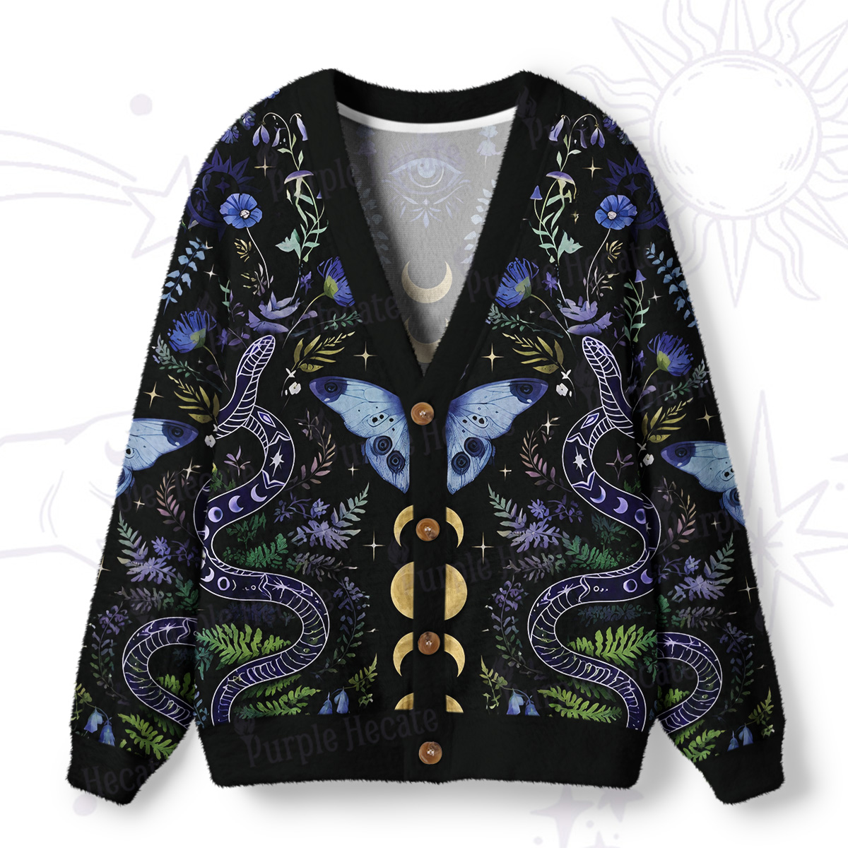 Purplehecate Moon Moth Witchery Ugly Cardigan Sweaters