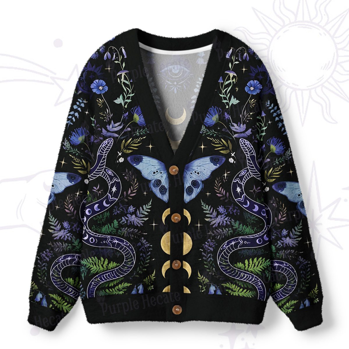 Purplehecate Moon Moth Witchery Ugly Cardigan Sweaters
