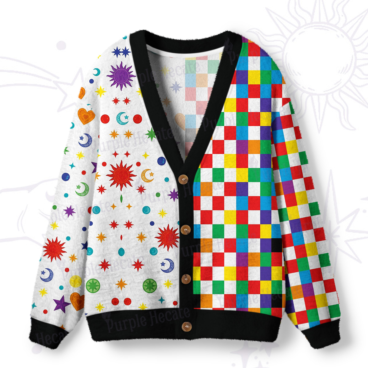 Purplehecate Celestial Rainbow Blocks Ugly Cardigan Sweaters