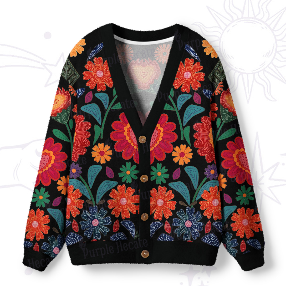 Purplehecate Retro Bloom Folk Floral Ugly Cardigan Sweaters