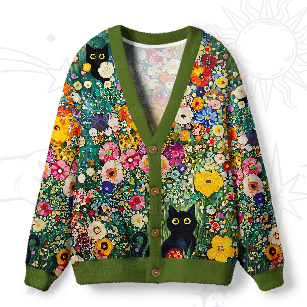 Purplehecate Fluffy Black Cat in Colorful Flower Field Ugly Cardigan Sweaters
