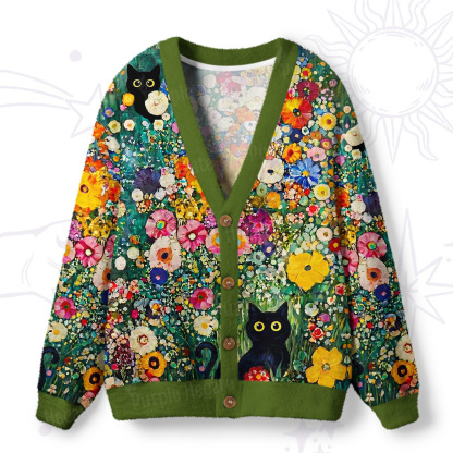 Purplehecate Fluffy Black Cat in Colorful Flower Field Ugly Cardigan Sweaters