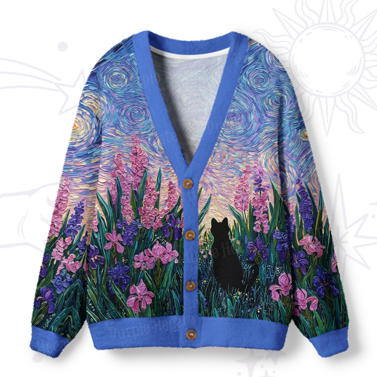 Purplehecate Starry Mystic Night Garden Cat Ugly Cardigan Sweaters