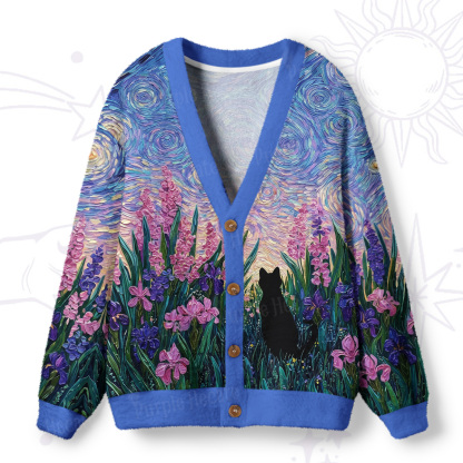 Purplehecate Starry Mystic Night Garden Cat Ugly Cardigan Sweaters