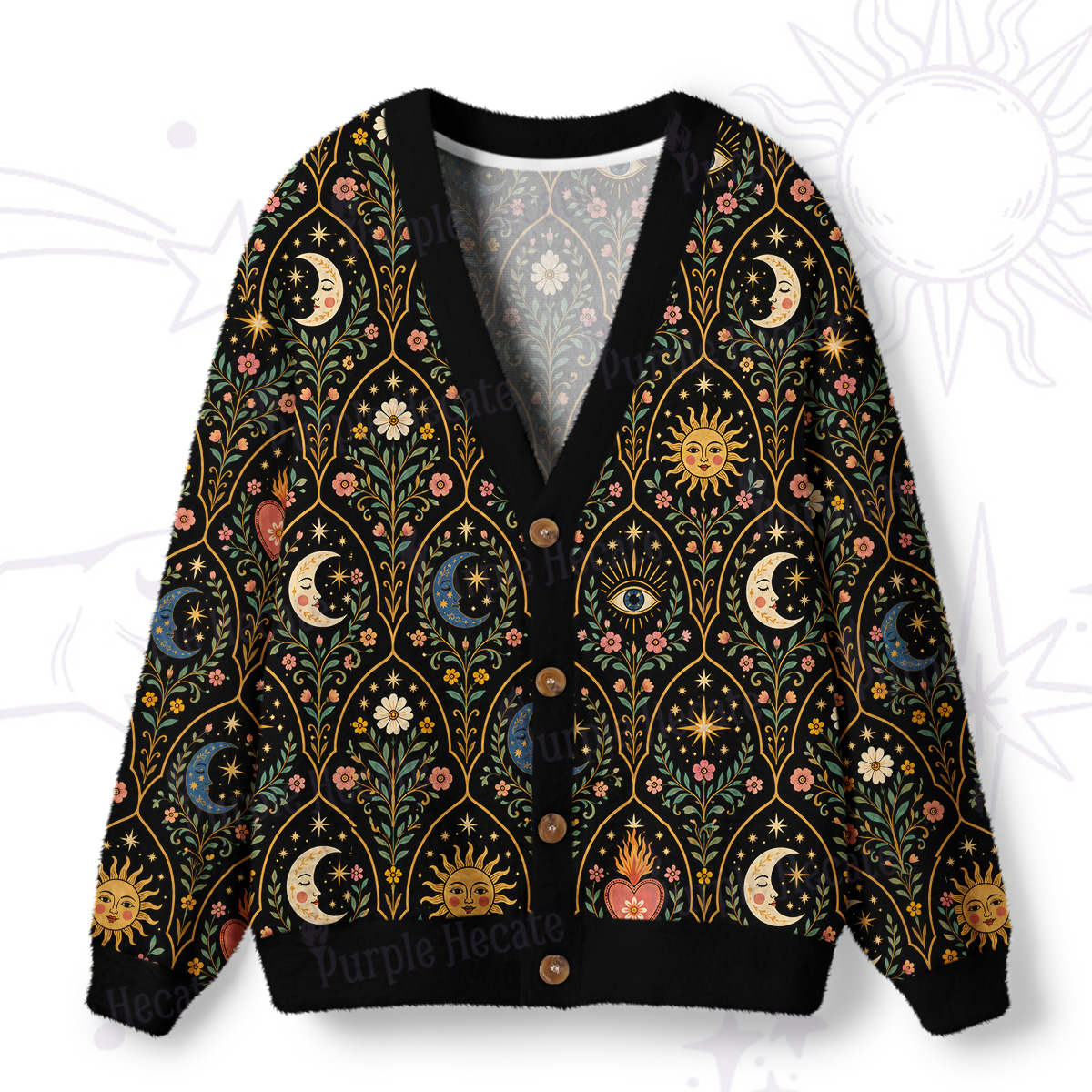Purplehecate Mystic Sun Moon Hearts Ugly Cardigan Sweaters