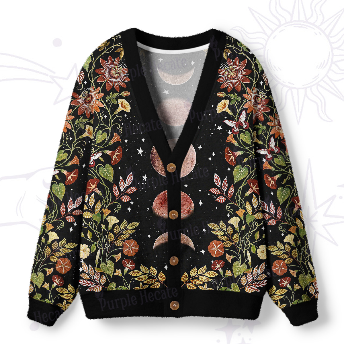 Purplehecate Moon Phase Floral Ugly Cardigan Sweaters