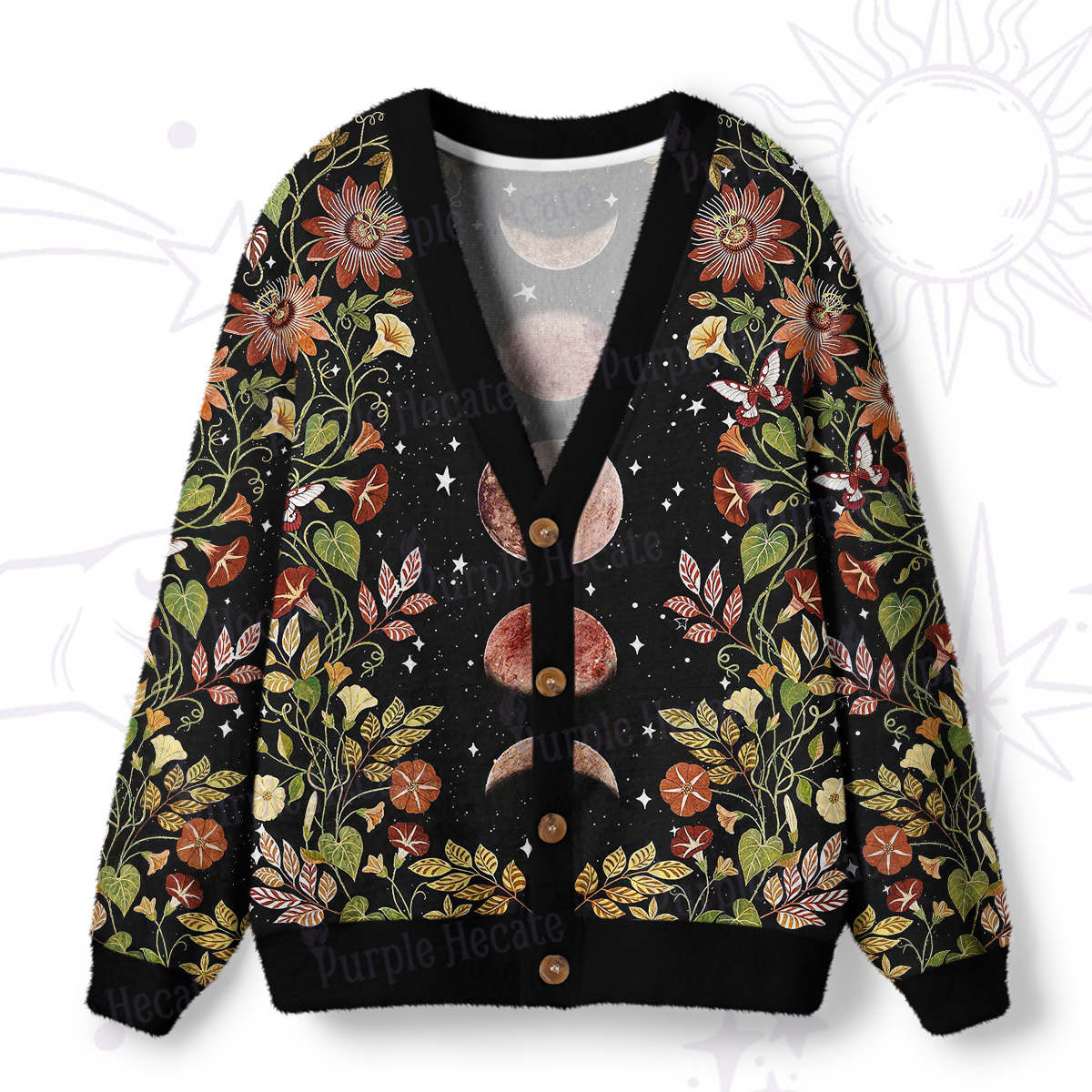 Purplehecate Moon Phase Floral Ugly Cardigan Sweaters
