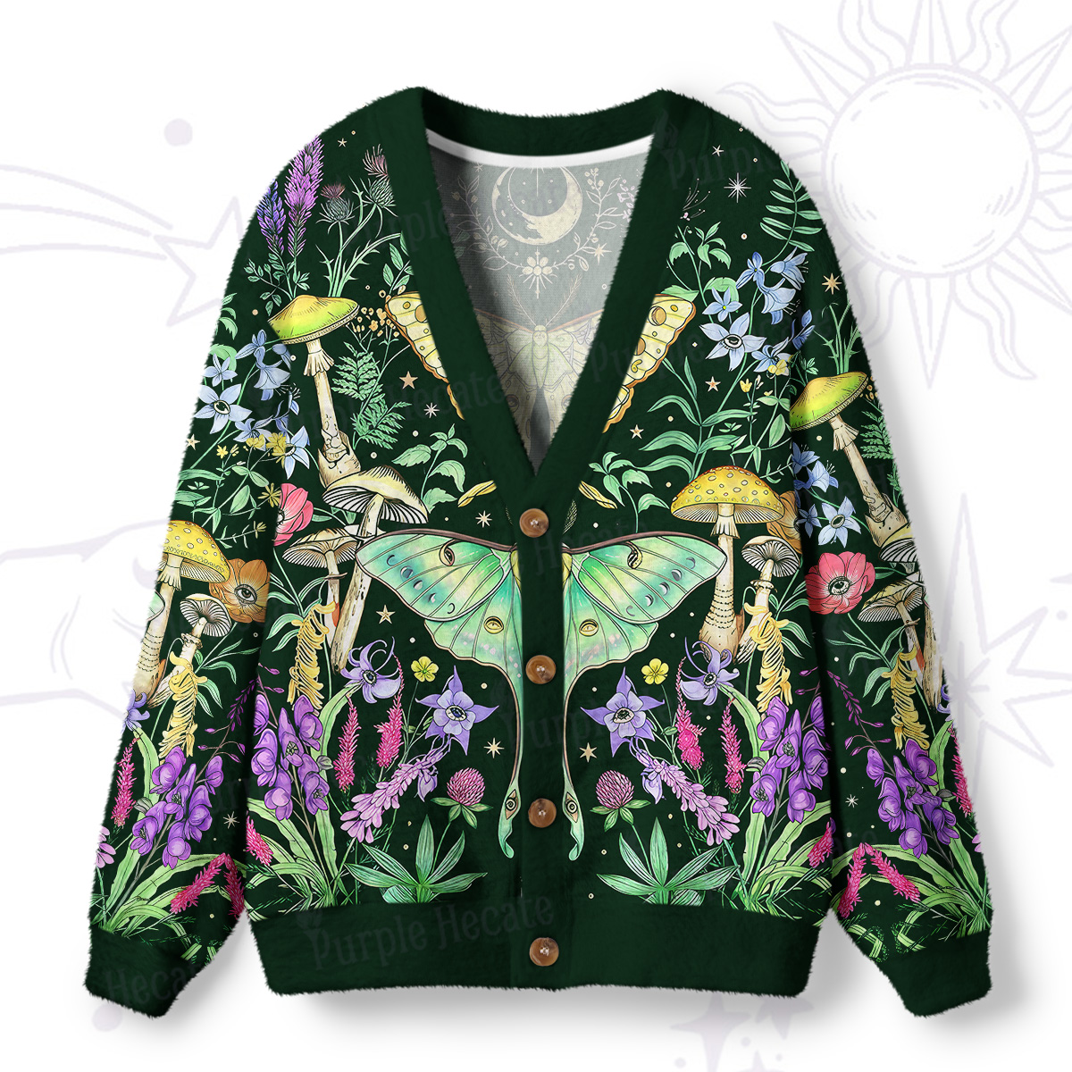 Purplehecate Mystic Lunar Moth Herbal Forest Ugly Cardigan Sweaters