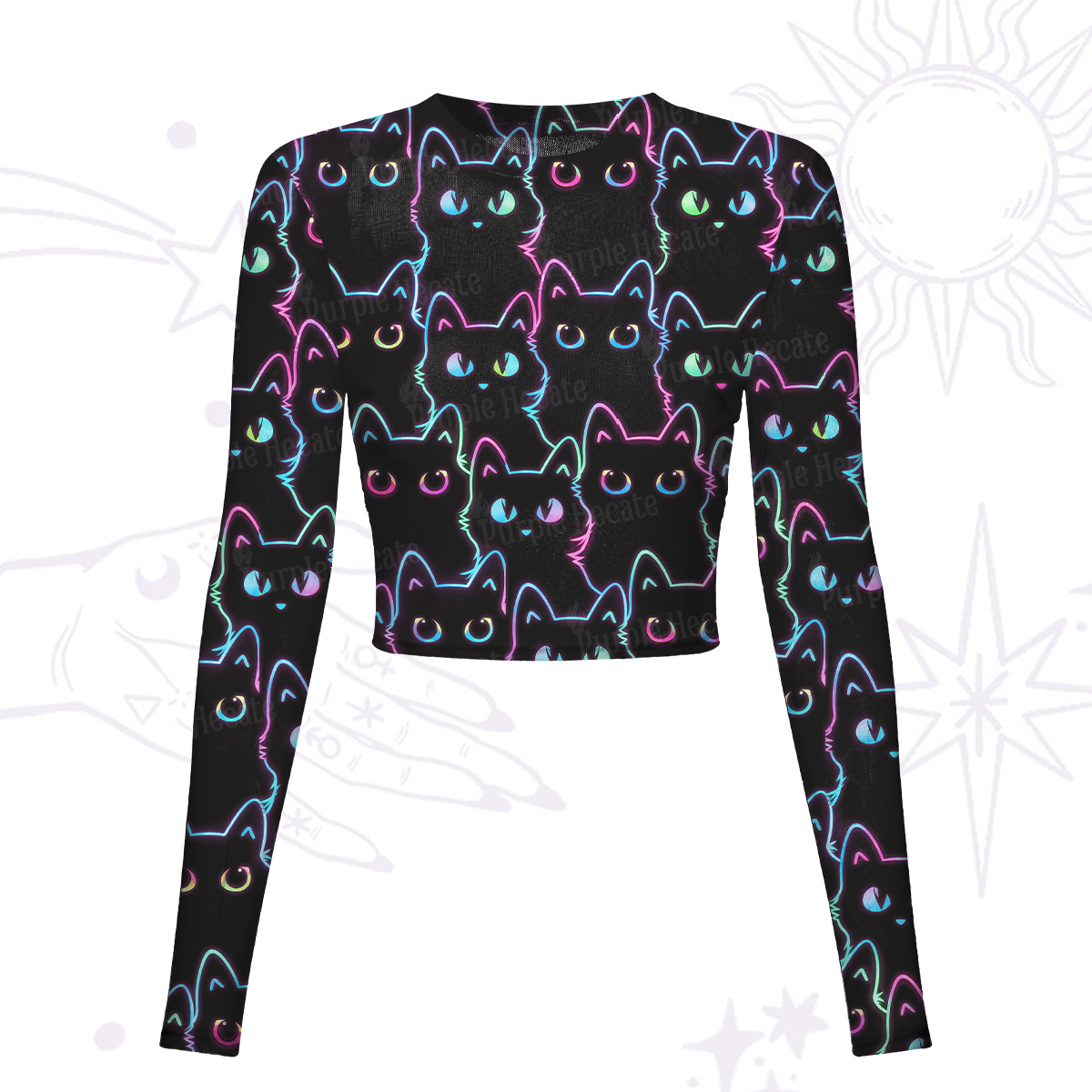 Purplehecate Neon Glow Stacked Cats Mesh Long Sleeve Crop Top