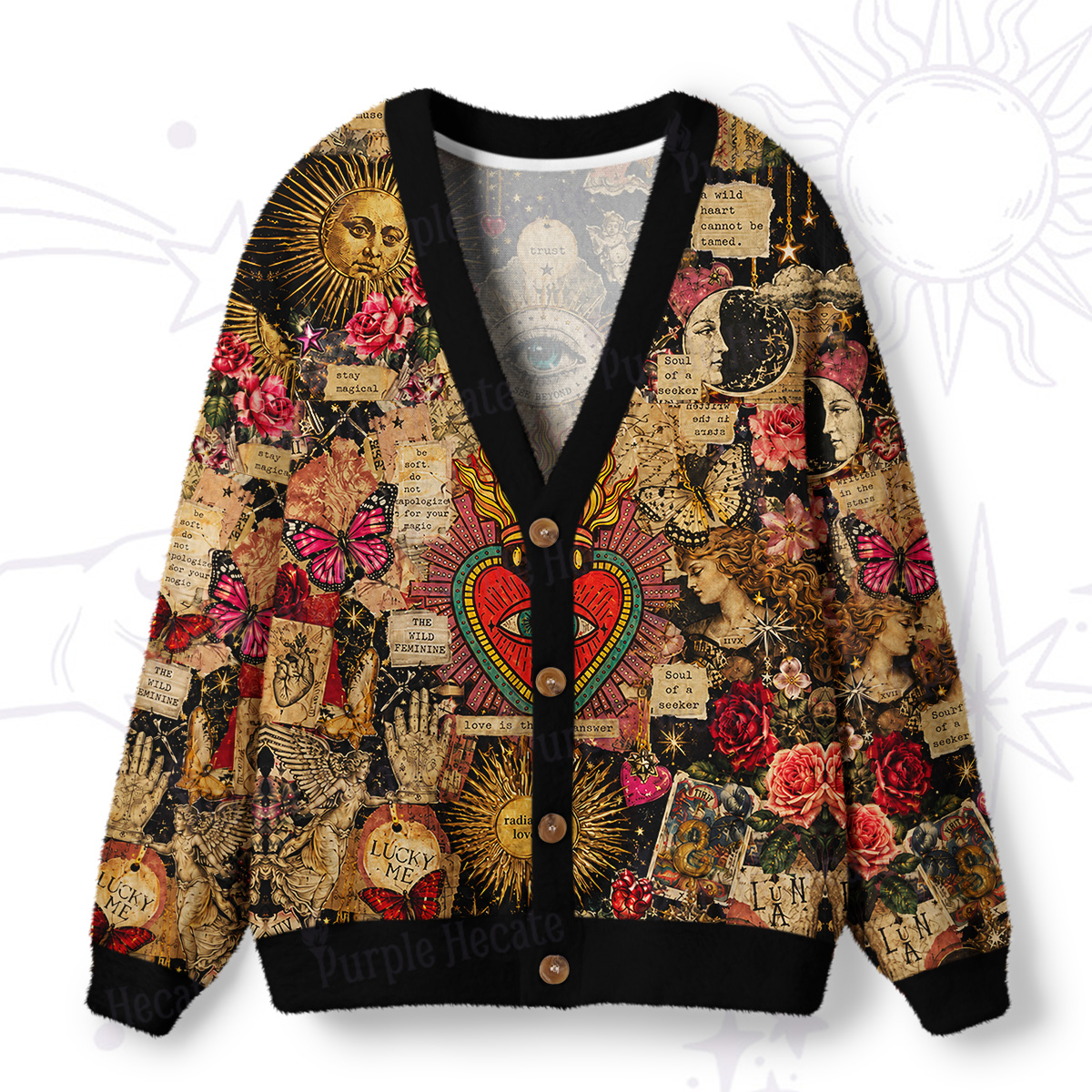Purplehecate Vintage Celestial Witch Moon Collage Ugly Cardigan Sweaters