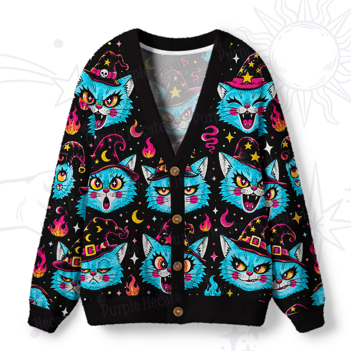Purplehecate Wacky Magic Cats Ugly Cardigan Sweaters