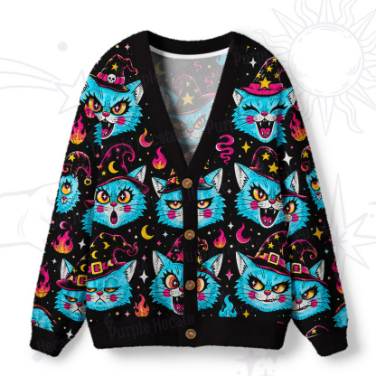 Purplehecate Wacky Magic Cats Ugly Cardigan Sweaters