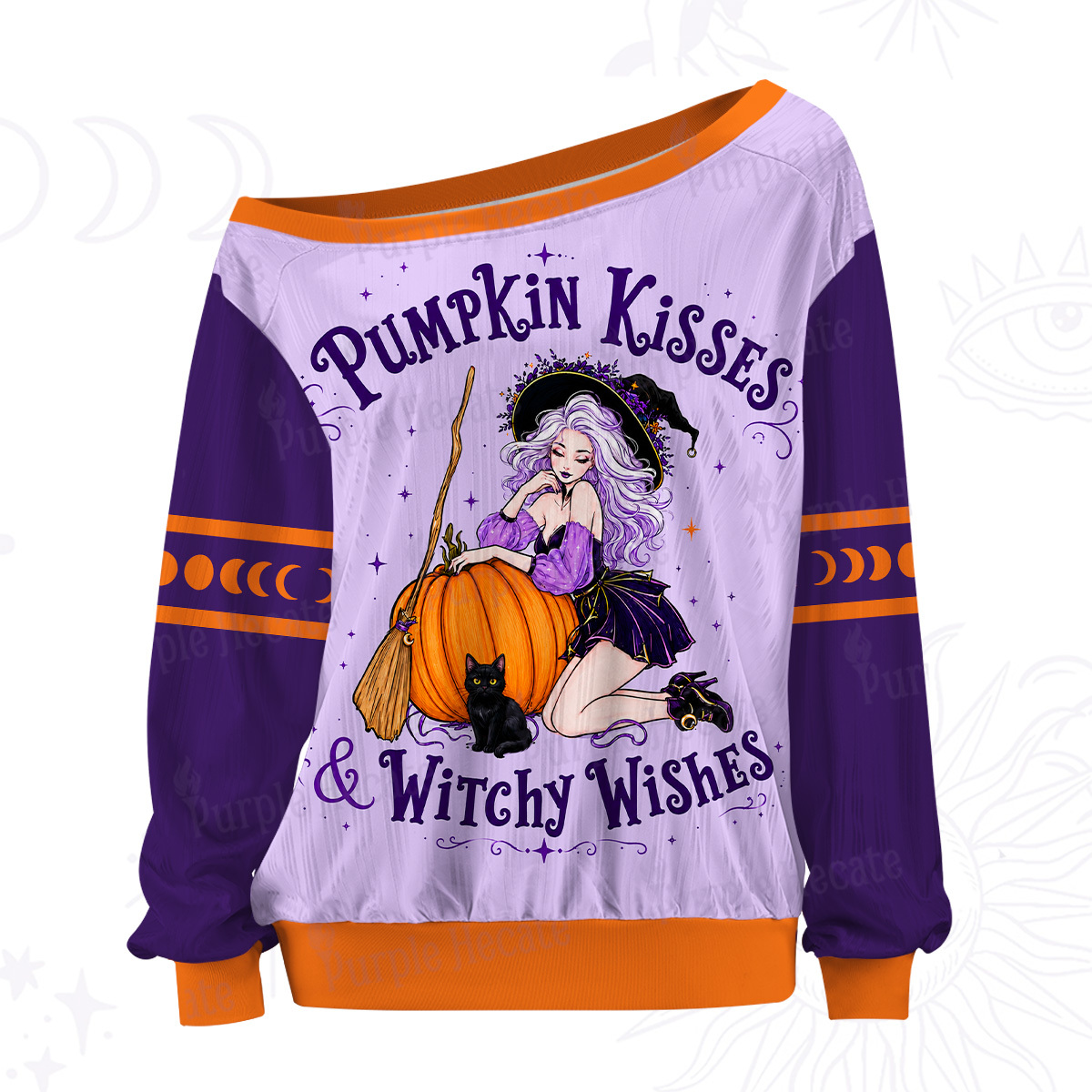 Purplehecate Pumpkin Kisses & Witchy Wishes Off The Shoulder Graphic Jersey