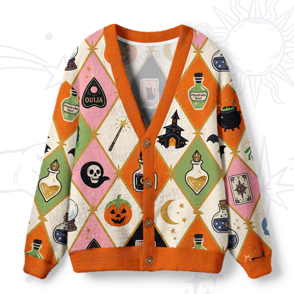 Purplehecate Spooky Castle Halloween Ugly Cardigan Sweaters