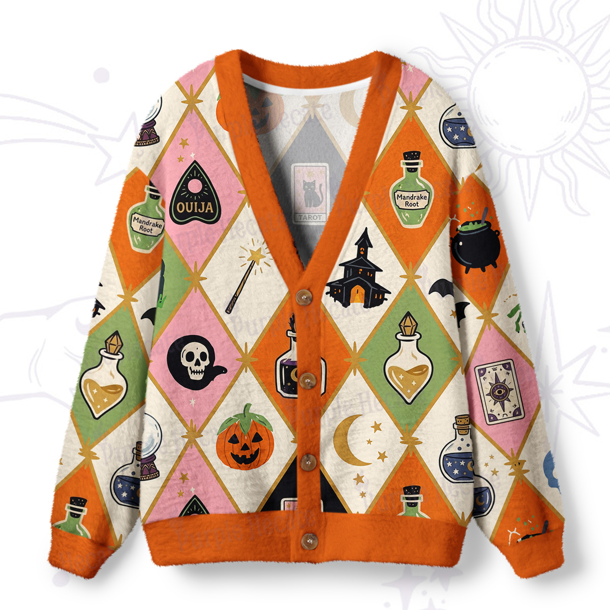 Purplehecate Spooky Castle Halloween Ugly Cardigan Sweaters