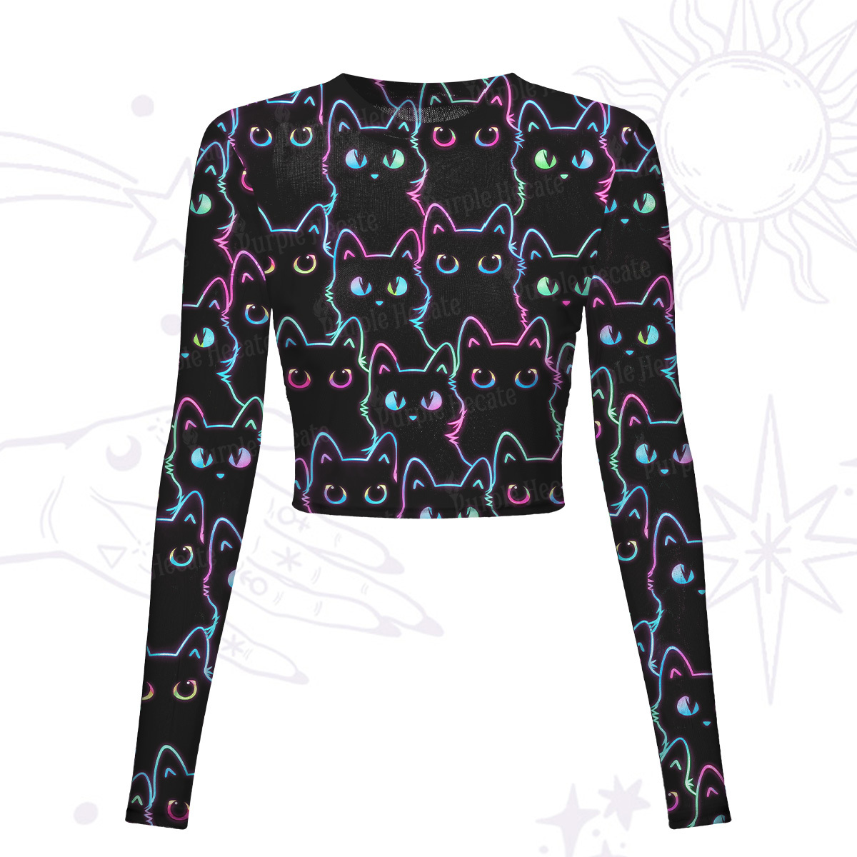 Purplehecate Neon Glow Stacked Cats Mesh Long Sleeve Crop Top