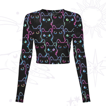 Purplehecate Neon Glow Stacked Cats Mesh Long Sleeve Crop Top
