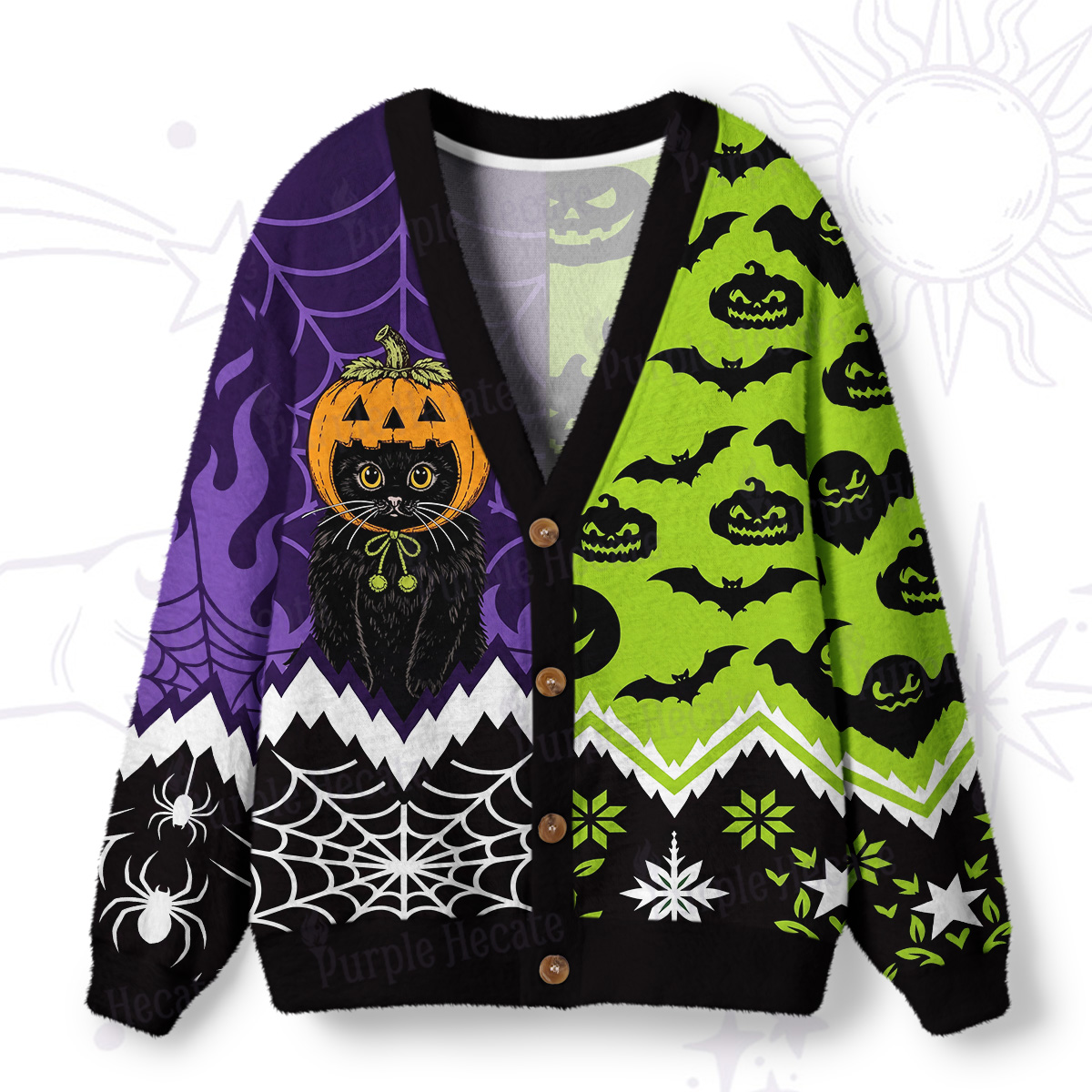 Purplehecate Pumpkin Cat Halloween Ugly Cardigan Sweaters