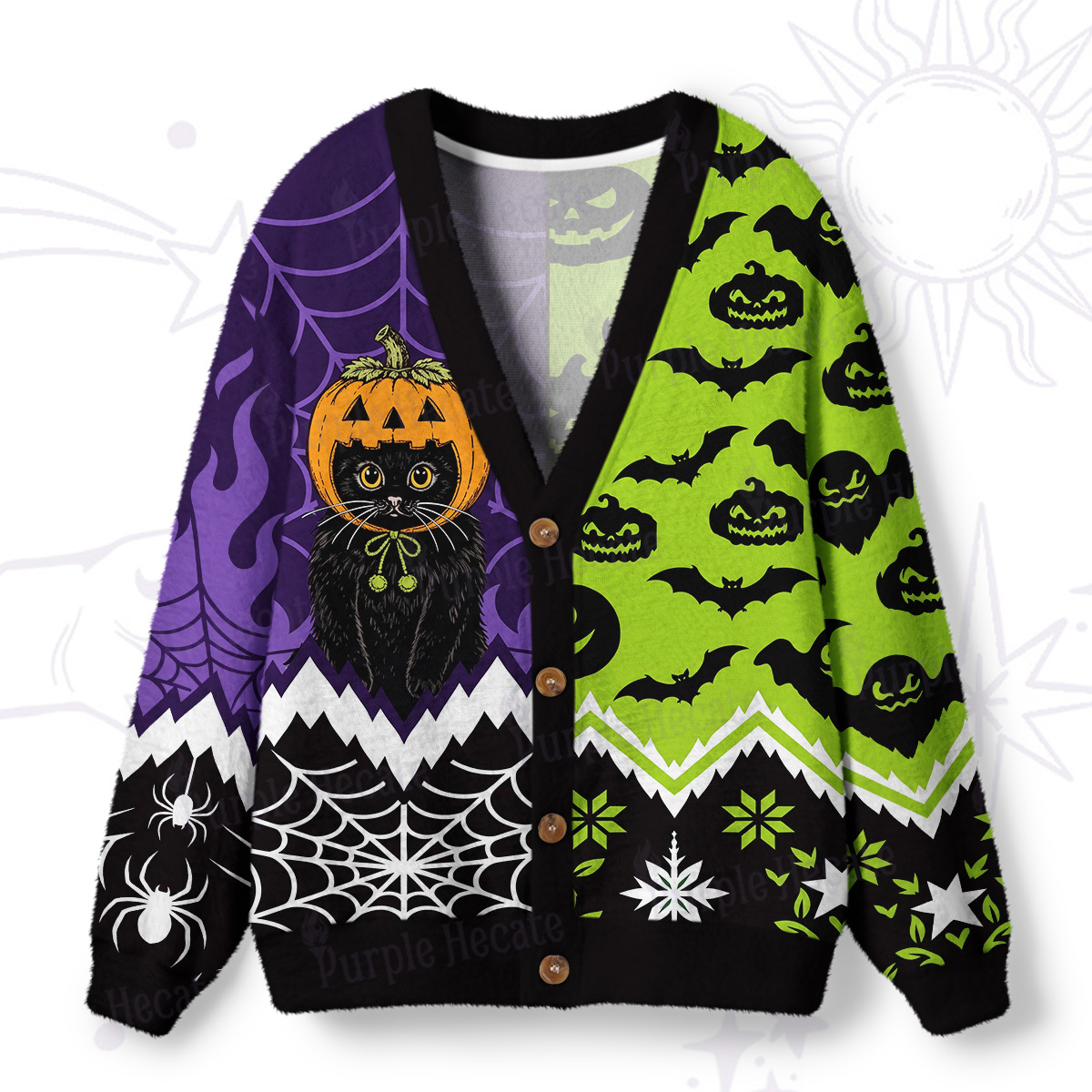 Purplehecate Pumpkin Cat Halloween Ugly Cardigan Sweaters