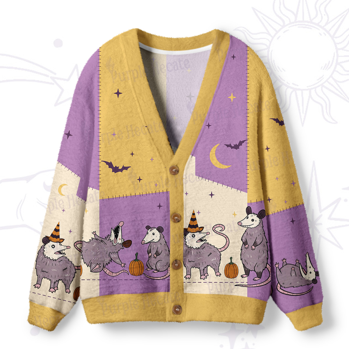 Purplehecate Pumpkin Night Possum Family Ugly Cardigan Sweaters