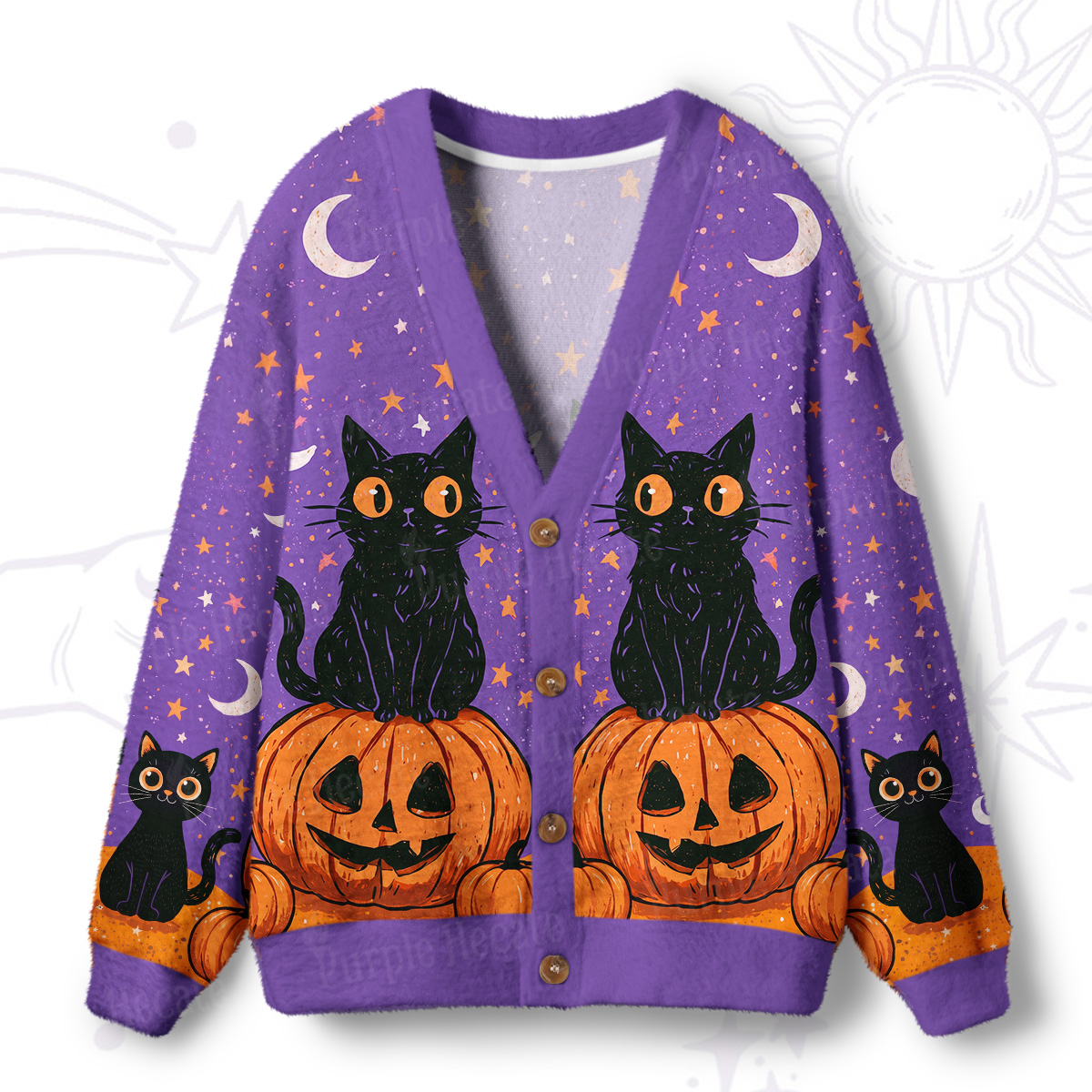 Purplehecate Halloween Black Cat Pumpkin Ugly Cardigan Sweaters