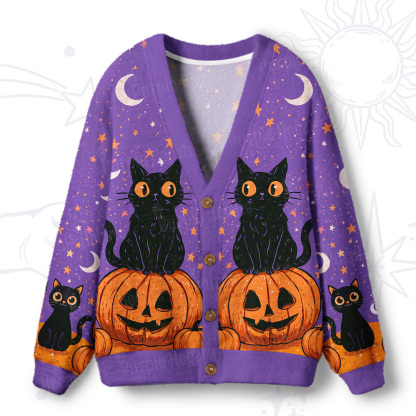 Purplehecate Halloween Black Cat Pumpkin Ugly Cardigan Sweaters