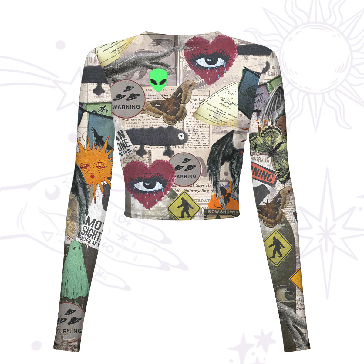 Purplehecate Cryptid Warning Collage Mesh Long Sleeve Crop Top