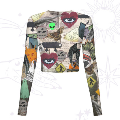 Purplehecate Cryptid Warning Collage Mesh Long Sleeve Crop Top