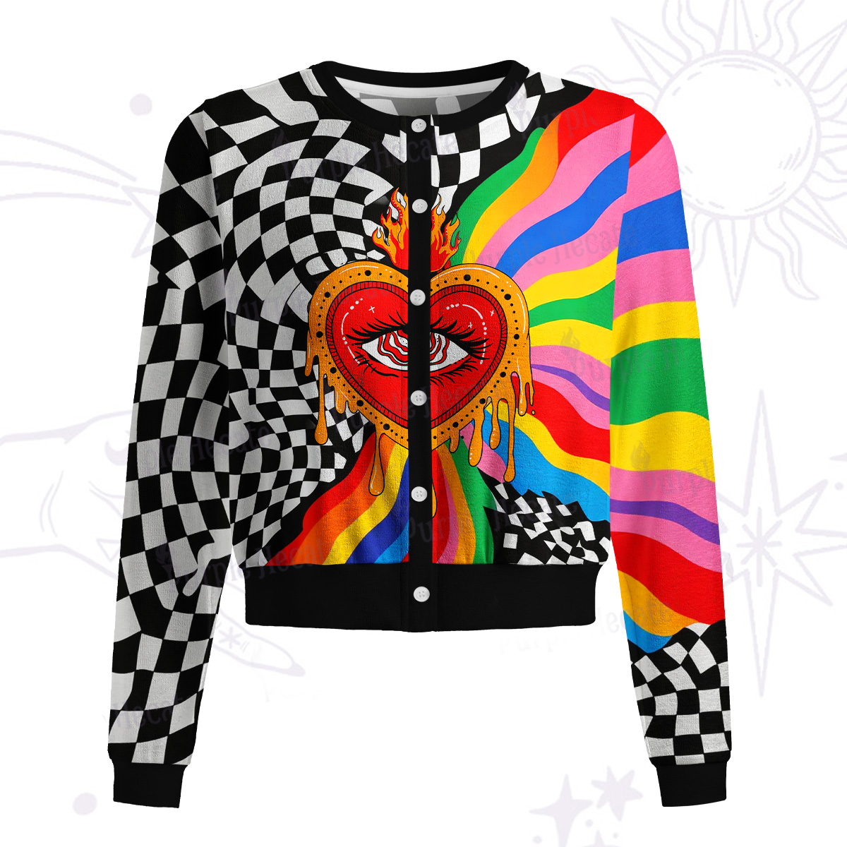 Purplehecate Trippy Rainbow Heart Eye Knit Cardigan