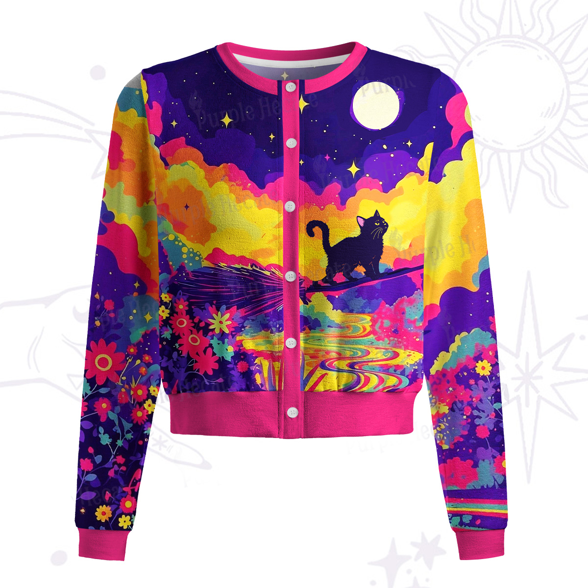 Purplehecate Midnight Cosmic Cat Fantasy Knit Cardigan
