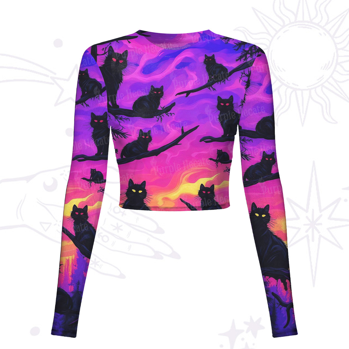 Purplehecate Twilight Forest Guardian Cat Mesh Long Sleeve Crop Top