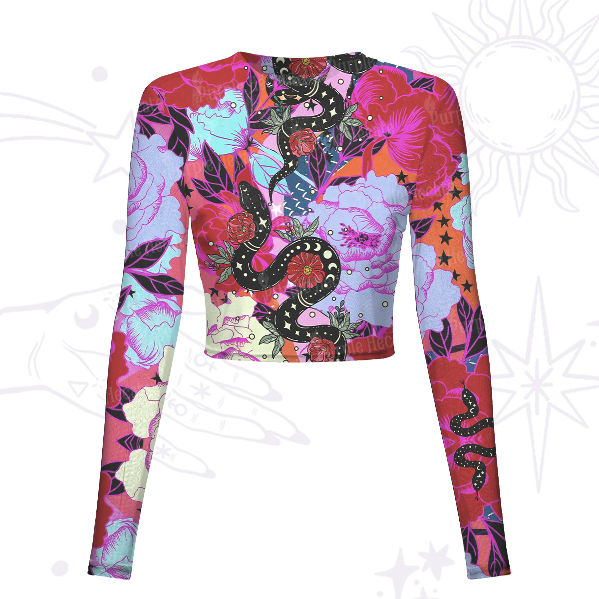 Purplehecate Enchanted Black Serpent & Floral Pattern Mesh Long Sleeve Crop Top