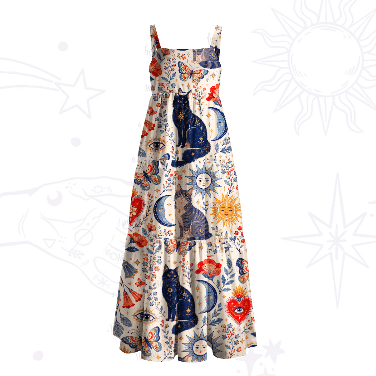 Purplehecate Cat Celestial Print Wide Straps Maxi Dress