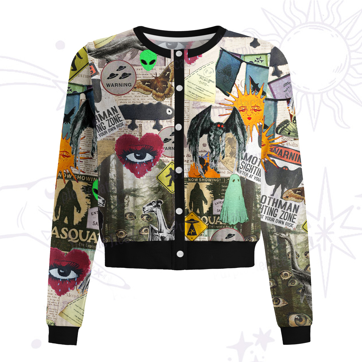 Purplehecate Cryptid Warning Collage Knit Cardigan