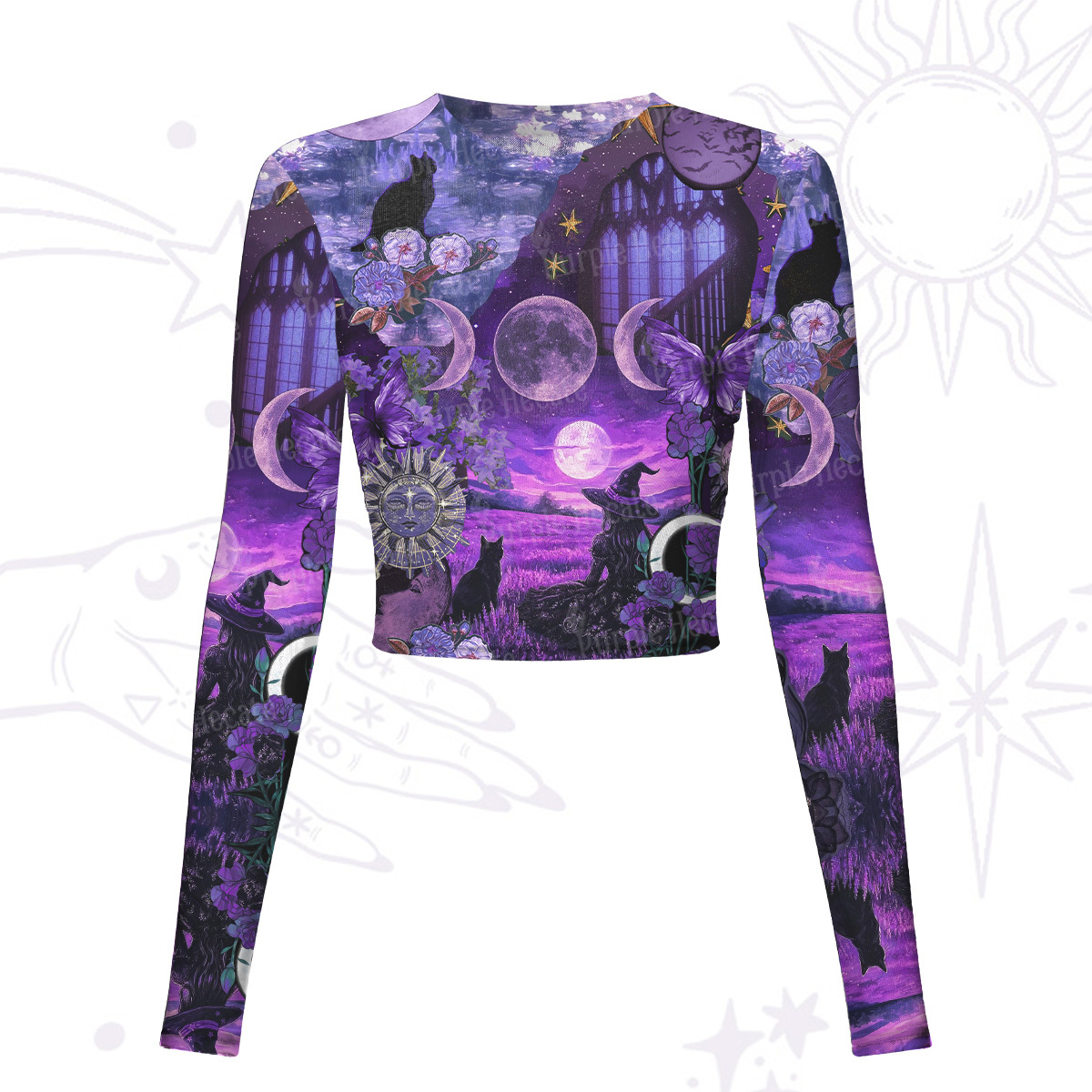 Purplehecate Witchy Black Cat Moon Mesh Long Sleeve Crop Top