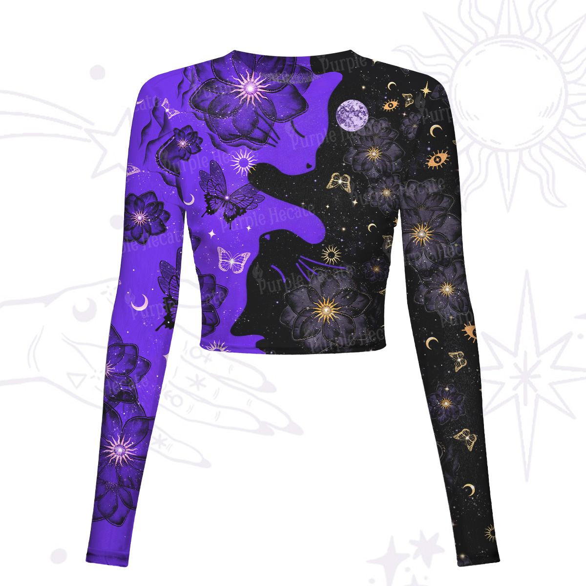 Purplehecate Starlit Cats & Butterflies Mesh Long Sleeve Crop Top