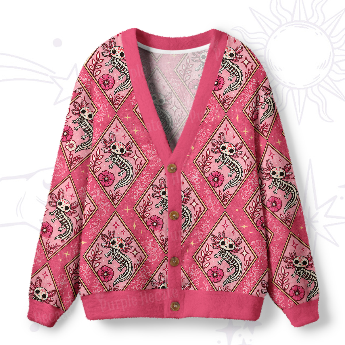 Purplehecate Whimsical Skeleton Salamander Ugly Cardigan Sweaters