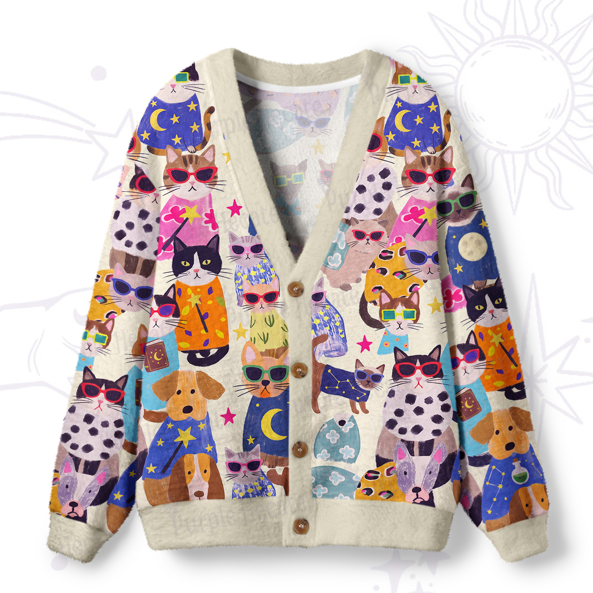 Purplehecate Magic Mewon Puppy Party Ugly Cardigan Sweaters
