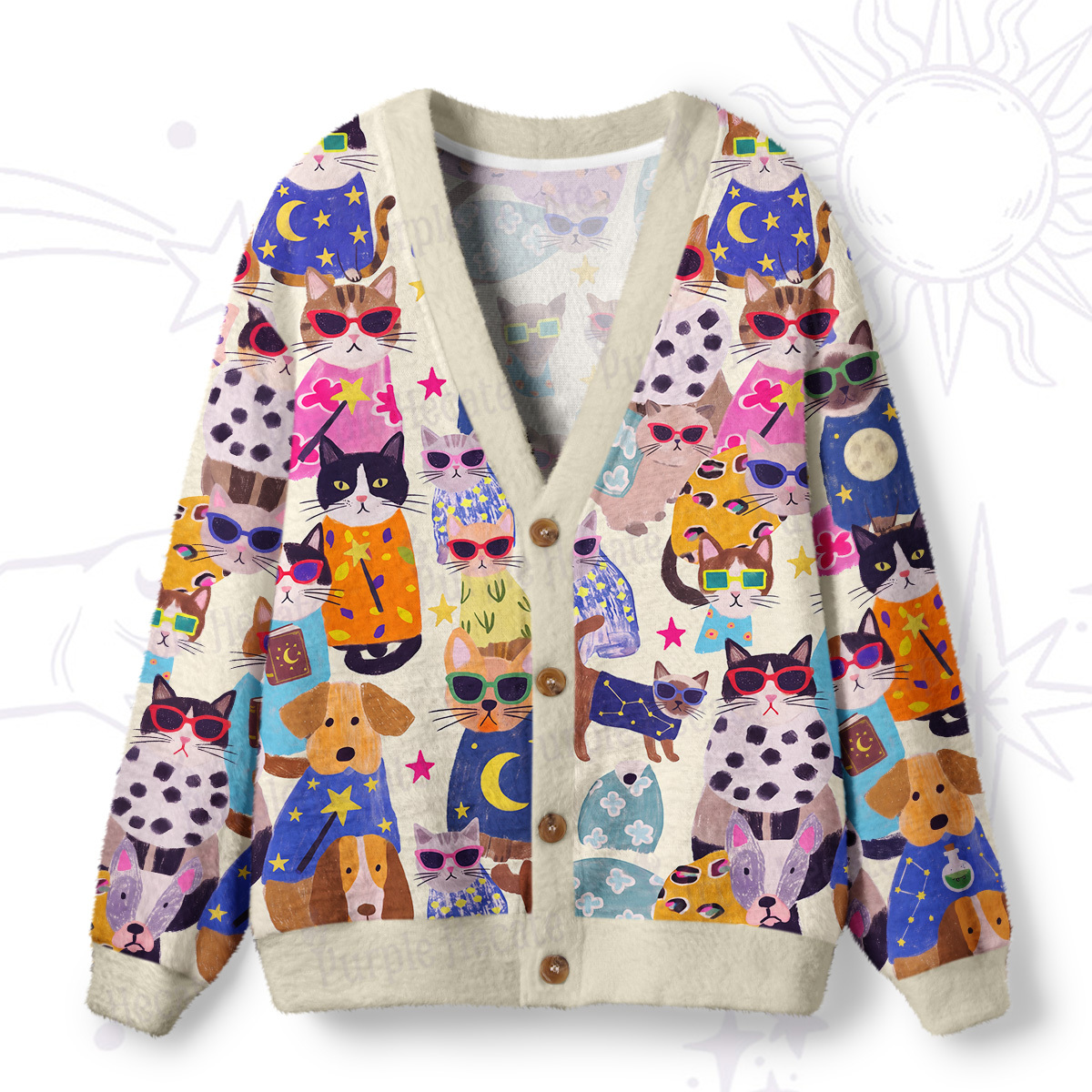 Purplehecate Magic Mewon Puppy Party Ugly Cardigan Sweaters