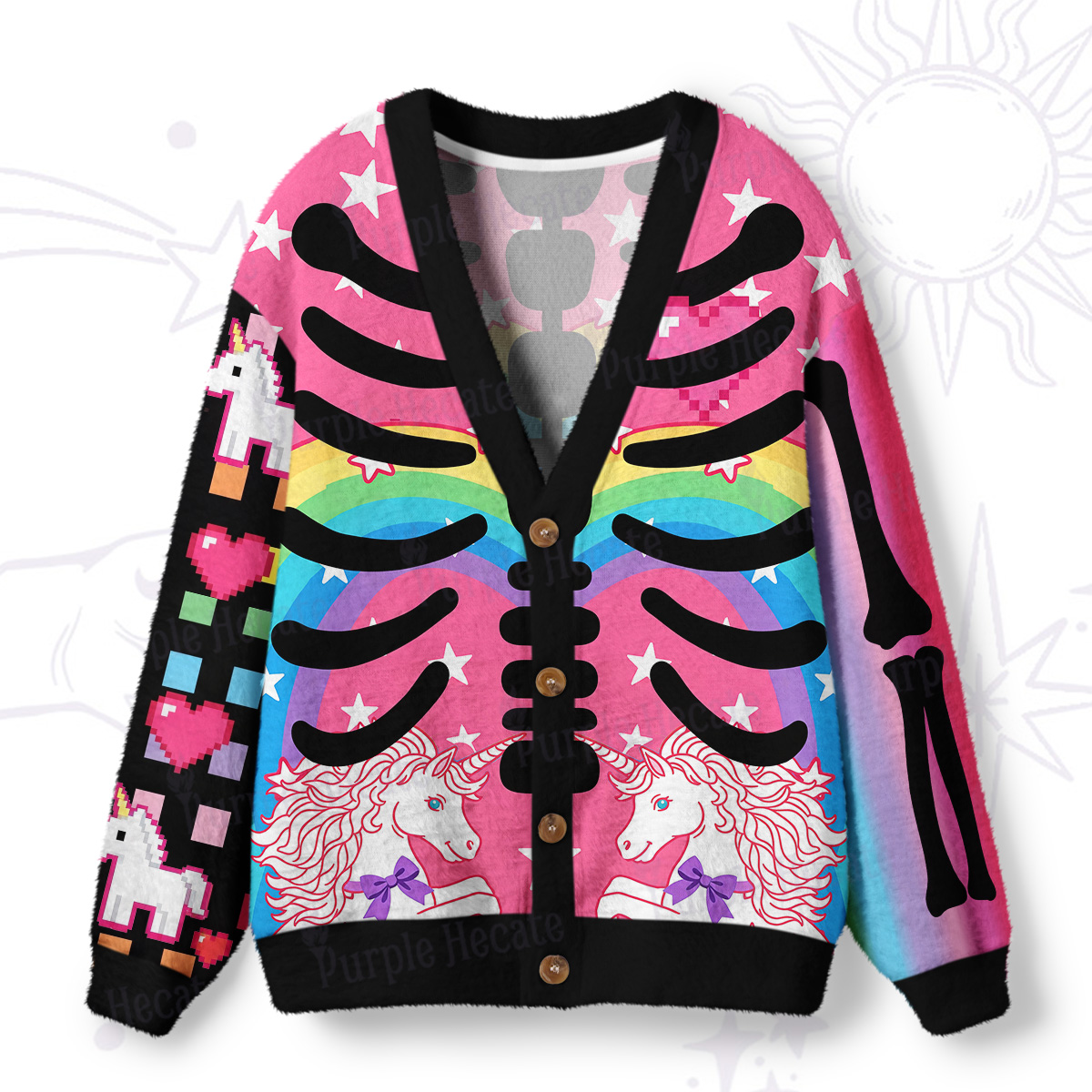Purplehecate Rainbow Unicorn Skeleton Ugly Cardigan Sweaters